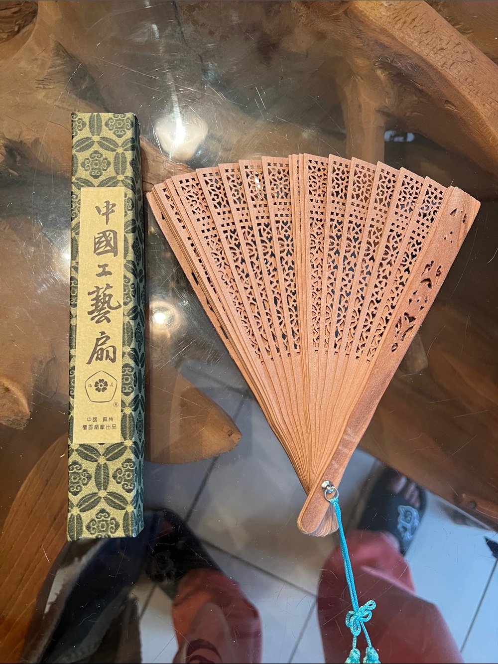 Vintage Carved Wooden Hand Fan in original case